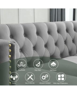 Velvet Sofa for Living Room, Tufted Square Arm Couch, Modern Upholstered Button & Metal Legs
