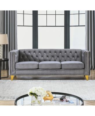 Velvet Sofa for Living Room, Tufted Square Arm Couch, Modern Upholstered Button & Metal Legs