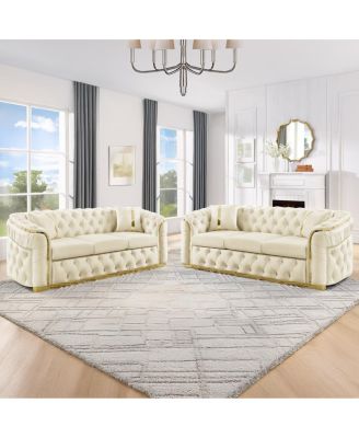 2PCS 90.6" Velvet Button Tufted Sofa Couch w/ 2 Pillows, 3 Seater Chesterfield Sofa Set