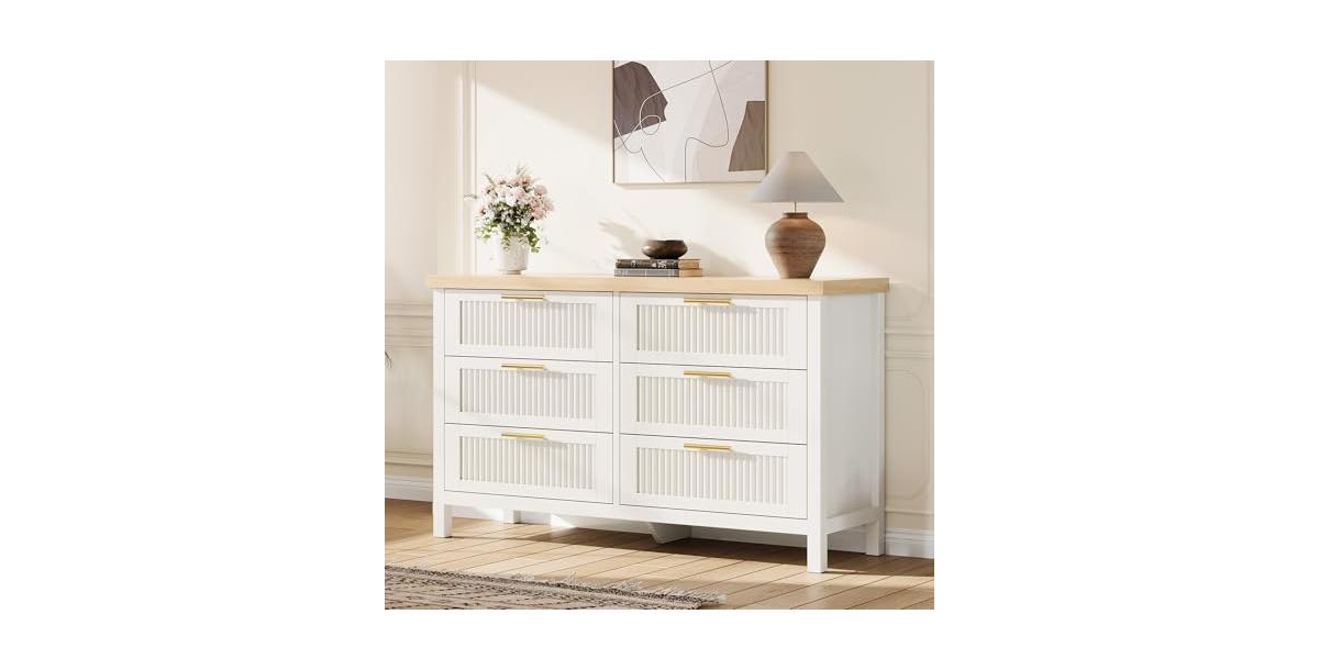 gaomon Fluted Dresser for Bedroom, Tall Chest of Drawers with 6 Storage Drawers, Modern Wood Clothing Organizer Cabinet - White