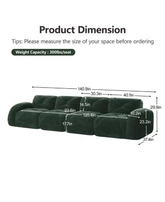 140" Green Velvet Tufted Boneless Sofa with Ergonomic Design, No Assembly