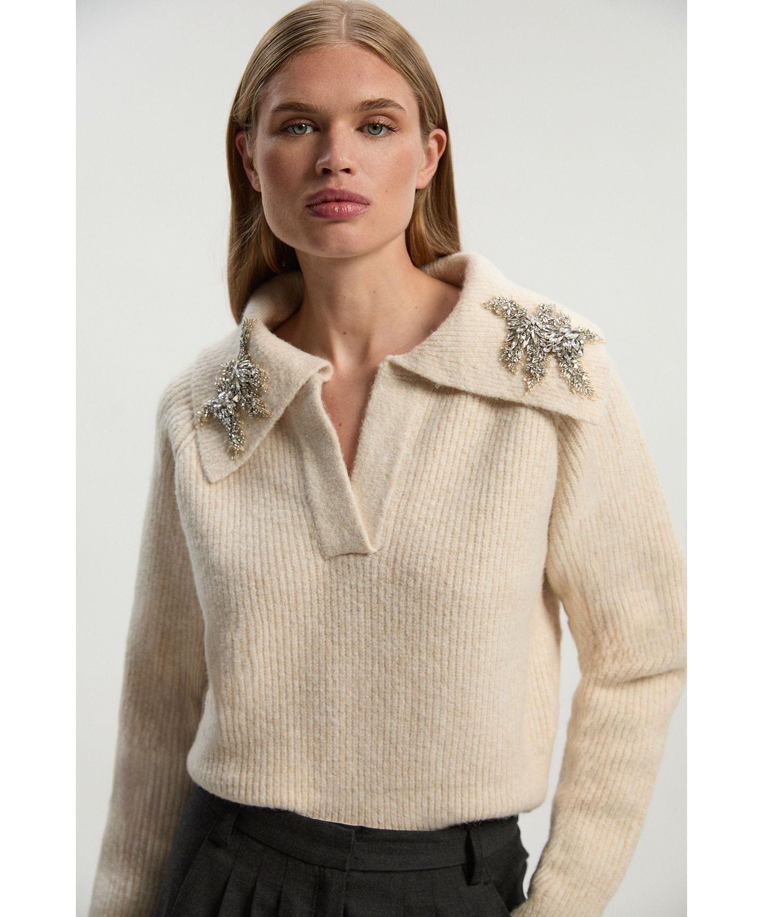 Women's Embellished Collar V Neck Knit Sweater