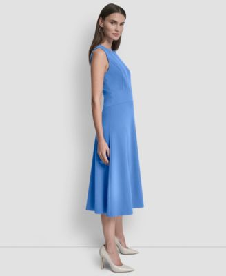 Women's Sleeveless Jewel Neck Fit and Flare Scuba Crepe Midi Dress