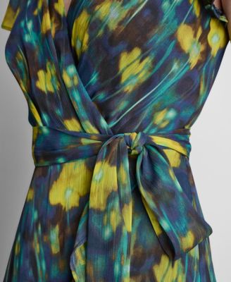 Women's Flutter-Sleeve Faux Wrap Ruffle Hem Midi Dress