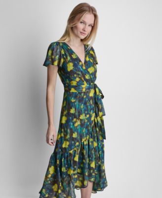 Women's Flutter-Sleeve Faux Wrap Ruffle Hem Midi Dress