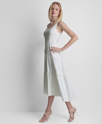 Women's Sleeveless Square Neck Tiered Linen Midi Dress