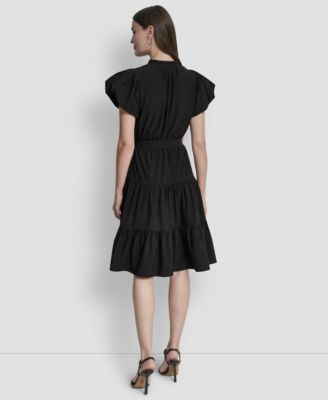 Women's Puff-Sleeve V-Neck Tiered Knee-Length Dress