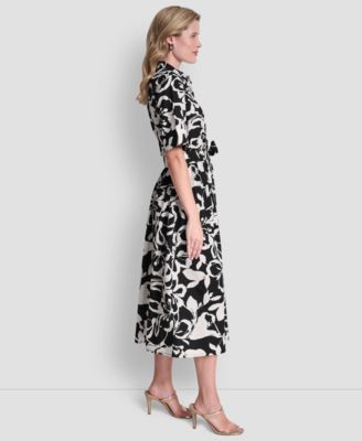 Women's Elbow Sleeve Collared Neck Button-Front Belted Floral Midi Shirtdress