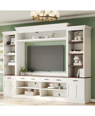 Farmhouse 4-Piece Entertainment Center with Bookshelf, Walnut TV Stand