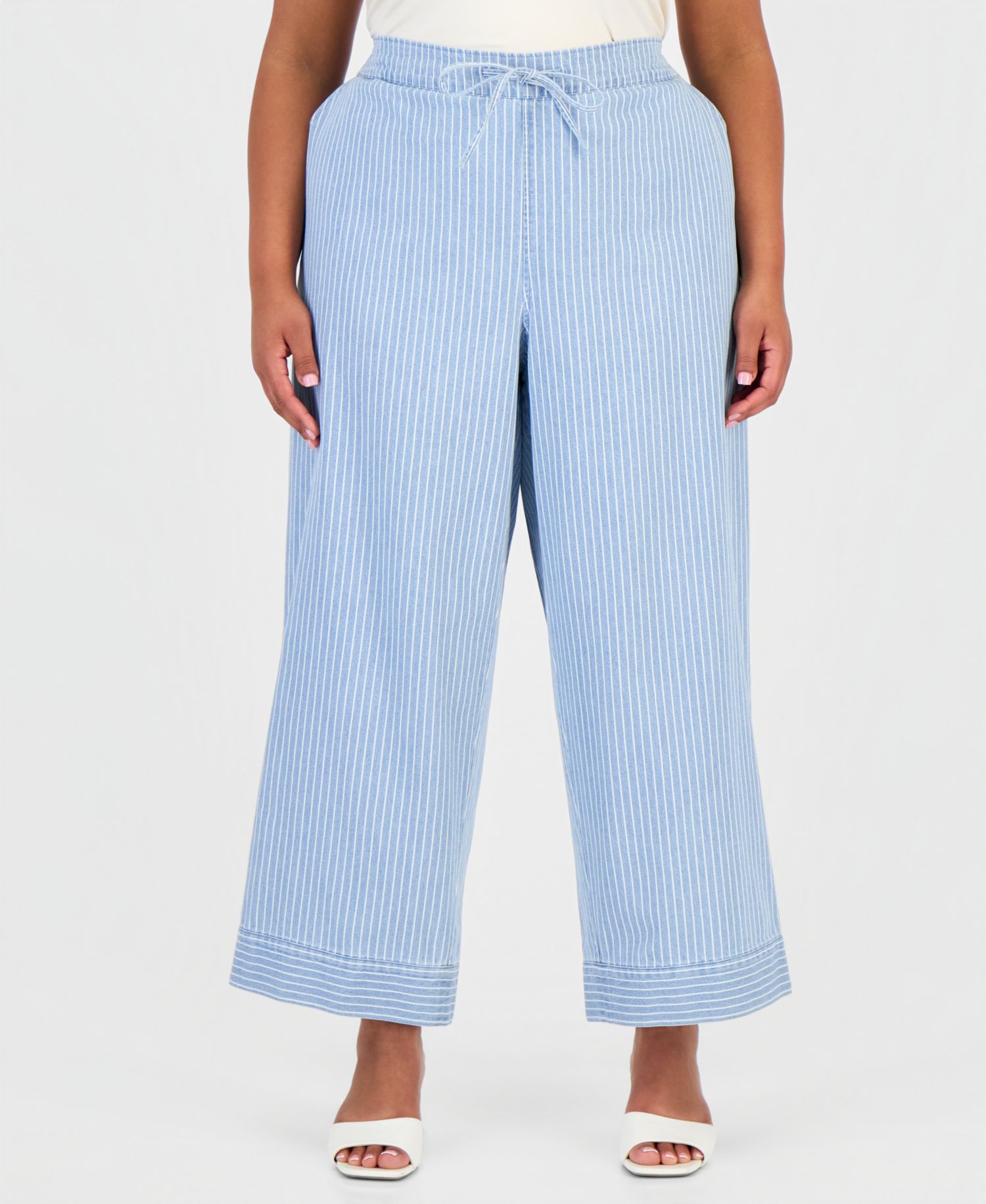 Plus Size Cotton Drawstring Pinstriped Pants