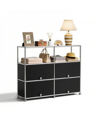 Multi-Purpose Storage Cabinet with Double Drawers and Open Display Shelf, Modern Metal Frame Console for Entryway or Living Room