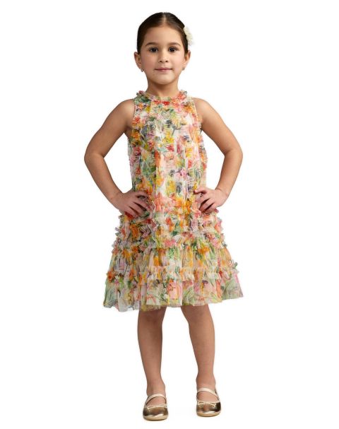 Платье Mac Duggal Mesh Floral Print A-Line Dress для девочек, цвет: Слоновая кость разноцветный
