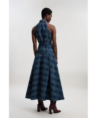 Women's Check Taffeta Belted Maxi Shirt Dress