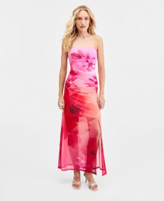Women's Floral-Print Mesh Strapless Dress