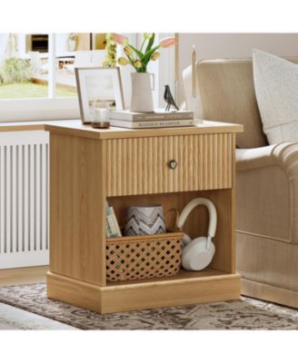 Fluted Nightstand with Drawer, Mid Century Modern Bedside Table Light Wood Nightstand with Storage