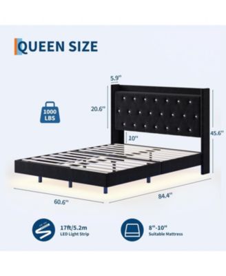 Modern Queen Floating Bed Frame With LED Lights Upholstered Storage Headboard Noise Free No Box Spring