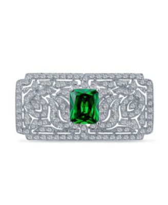 Art Deco Style Filigree Red Emerald Cubic Zirconia CZ Rectangle Cocktail Brooch Pin