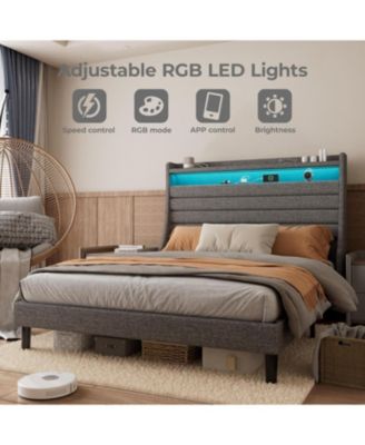 Full Bed Frame with 2-Tier Storage Headboard, Charging Station & LED Lights, Under Bed Storage