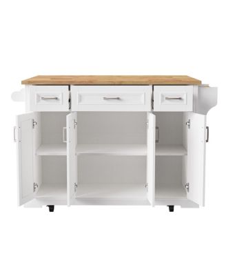 54" White Kitchen Island with Drop Leaf, 4 Doors, 3 Drawers, on Wheels