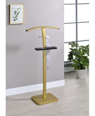 Freestanding Clothing Valet Rack Stand, Metal & Wood Suit Rack with Clothing Bar, Accessory Tray & 2 Hooks for Bedroom or Closet