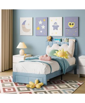 Bed Frame Velvet Platform Bookcase Headboard Kids Girls Steel Legs Easy Build Noise Free.