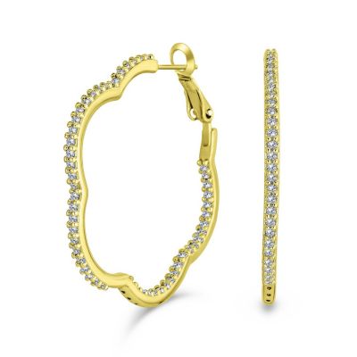 Flower Shaped Inside Out Pave CZ Clover Hoop Earrings Silver Plated 1.5 Inch