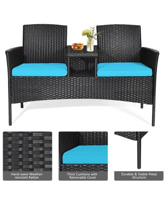 Patio Rattan Loveseat Sofa Cushioned Coffee Table