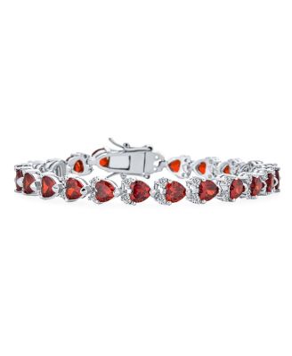 Romantic Red Clear Cubic Zirconia CZ Heart Shape Tennis Bracelet 7-7.5 Inch Silver Plated