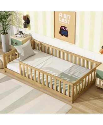 Twin Size Floor Bed with Fence and Safety Guardrails
