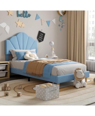 Twin XL Upholstered Bed Frame Height Adjustable Headboard for Kids Wood Slats Metal Frame Easy Build