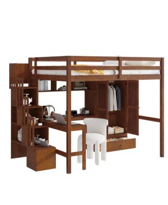 Full Size Walnut Loft Bed with Desk, Shelves, Wardrobe & Stairs