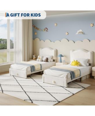 Twin Upholstered Platform Bed Frame Headboard Storage Drawer Velvet Princess Bed for Kids Wood Slats No Box Spring Easy Assembly
