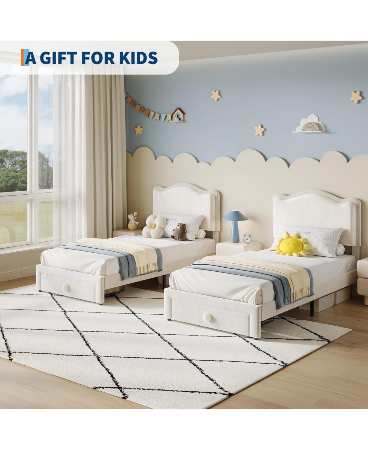 gaomon Twin Upholstered Platform Bed Frame Headboard Storage Drawer Velvet Princess Bed for Kids Wood Slats No Box Spring Easy Assembly