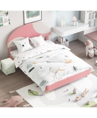 Full Bed Frame with Boucle Arch Headboard Modern Upholstered Platform Wooden Slats No Box Spring Kids Guest