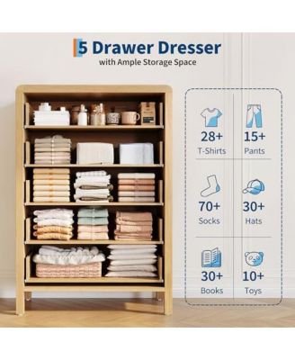 5 Drawer Dresser for Bedroom, 47" Tall Modern Chest of Drawers, Curved Profile Design, Wood Drawer Organizer