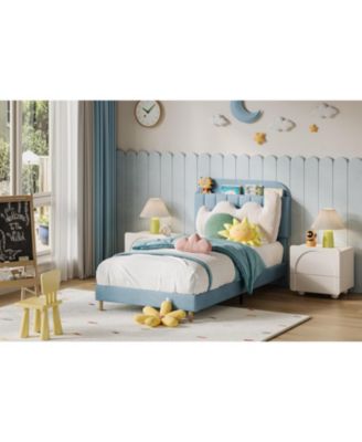 Twin Bed Frame Storage Headboard Velvet Upholstered Platform Bed Kids Wood Slats Noise Free