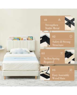 Twin Bed Frame With Bookcase Headboard Upholstered Platform Kids Bed Wooden Slats No Box Spring