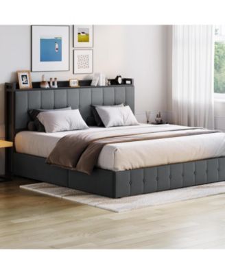 King Hydraulic Lift Up Storage Upholstered Bed Frame Button Headboard Heavy Metal Platform Wood Slats Noise