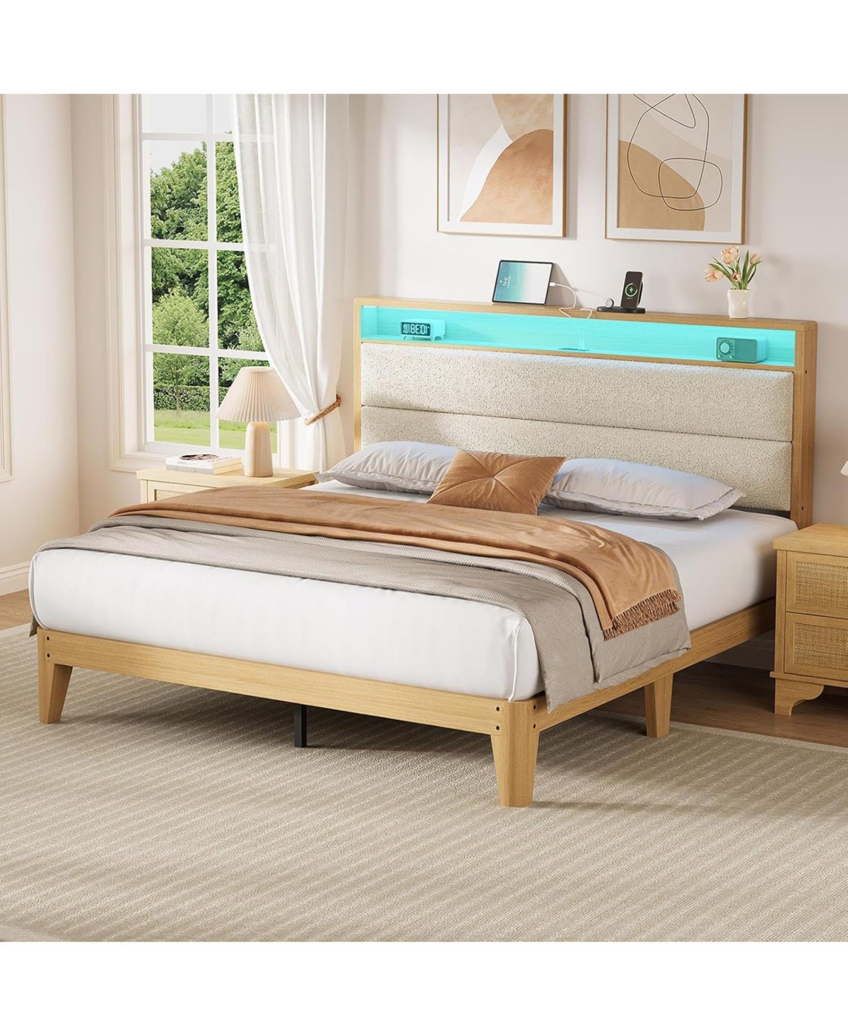 gaomon Boucle Bed Frame with Led Lights Charging 2 Storage Headboards No Box Spring Easy Assembly Noise Free Queen