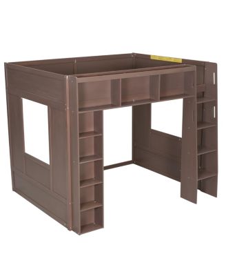 Queen Size Wooden Loft Bed with Storage Cabinets and Shelves