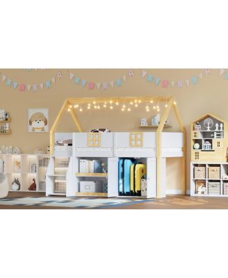  Low loft bed with stairs, shelves, cabinets & LED lights