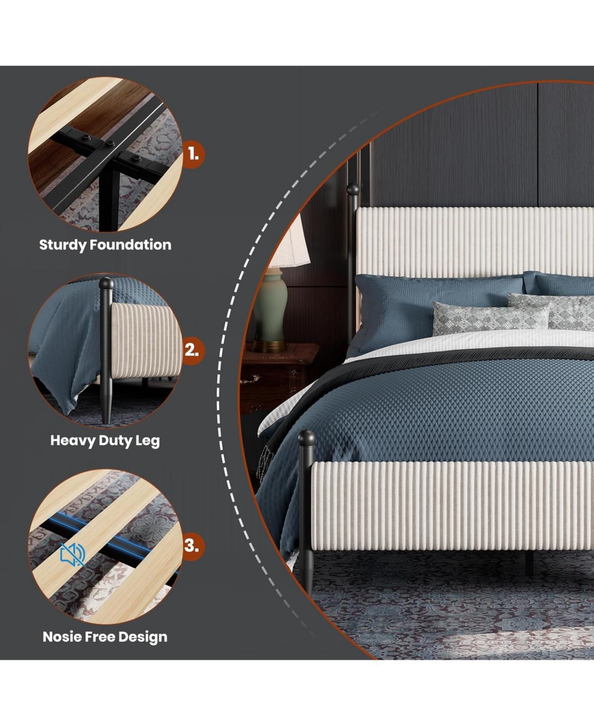 gaomon Upholstered Bed Frame - with Headboard, Soft Corduroy Fabric Platform Wooden Slats Support & Heavy Duty Feet