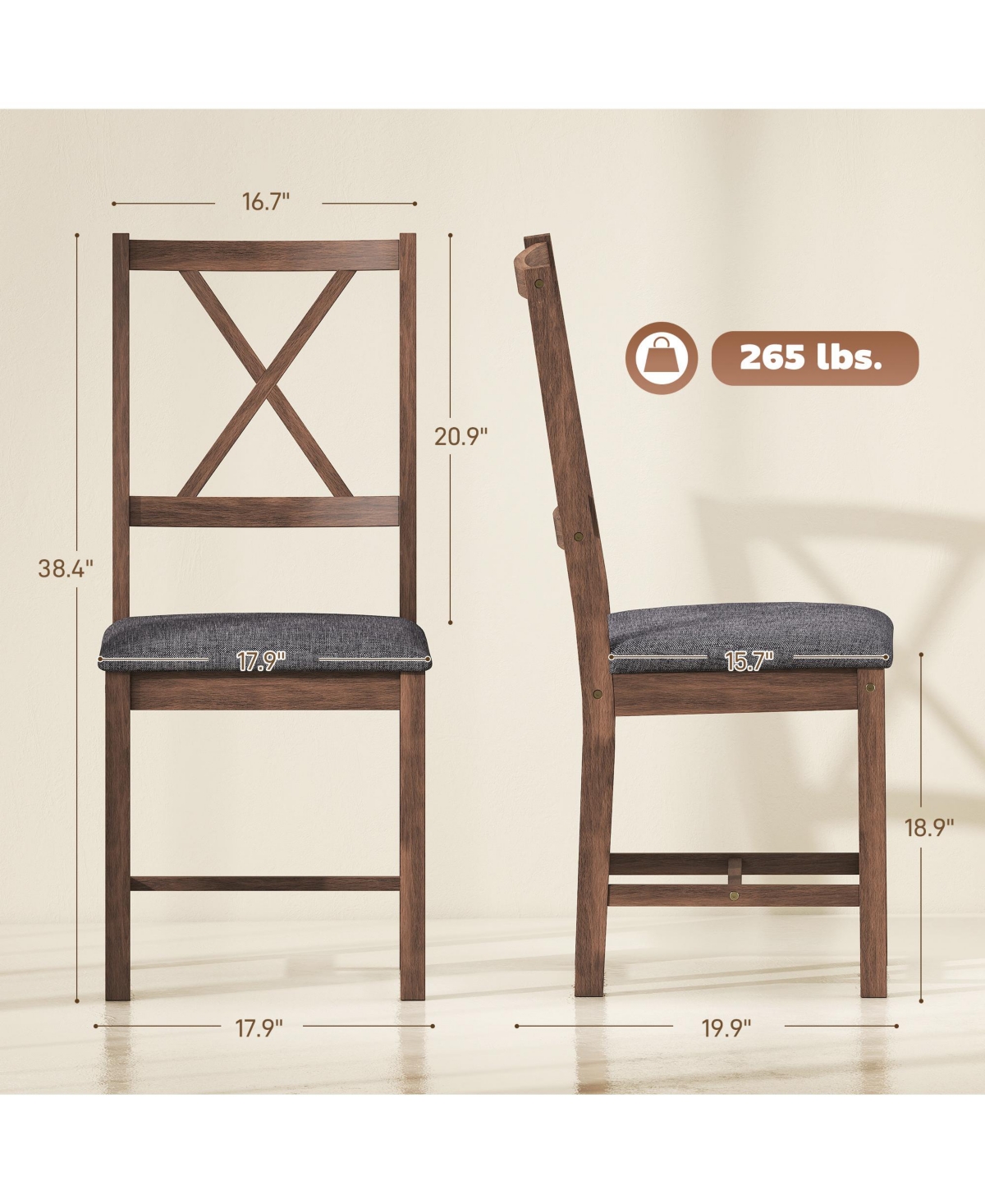 Homcom Farmhouse Wooden Dining Chairs Set of Fabric Kitchen Chairs