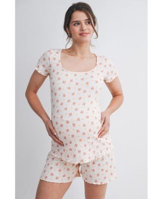Maternity Ribbed Floral Lounge Set with Shorts and Top