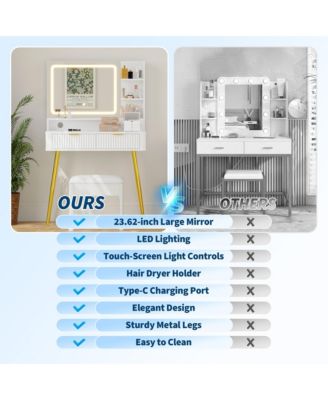 Mid-Century Modern Makeup Vanity Desk with Lighted Mirror, 2 Drawers and Cabinet