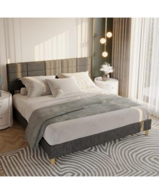 Wood Bed Frame Linen Upholstered Headboard No Box Spring Needed 700lb Wood Slats Noise Free
