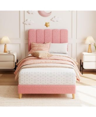 Upholstered Bed Frame Boucle Platform Wave Headboard for Kids No Box Spring Wood Slats Noise Free