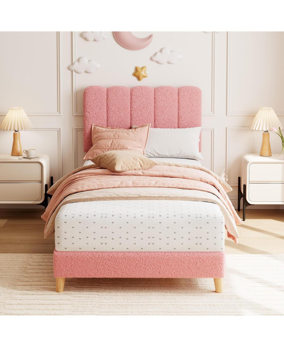 gaomon Upholstered Bed Frame Boucle Platform Wave Headboard for Kids No Box Spring Wood Slats Noise Free