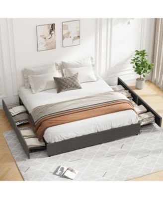 Queen Platform Bed Frame 4 Drawers Linen Upholstered Wood Slats Large Storage No Box Spring Non Slip