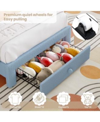   Bed Frame LED Headboard Underbed Drawer Metal Platform Bed Girls Lamb Fleece Wood Slats No Box Spring